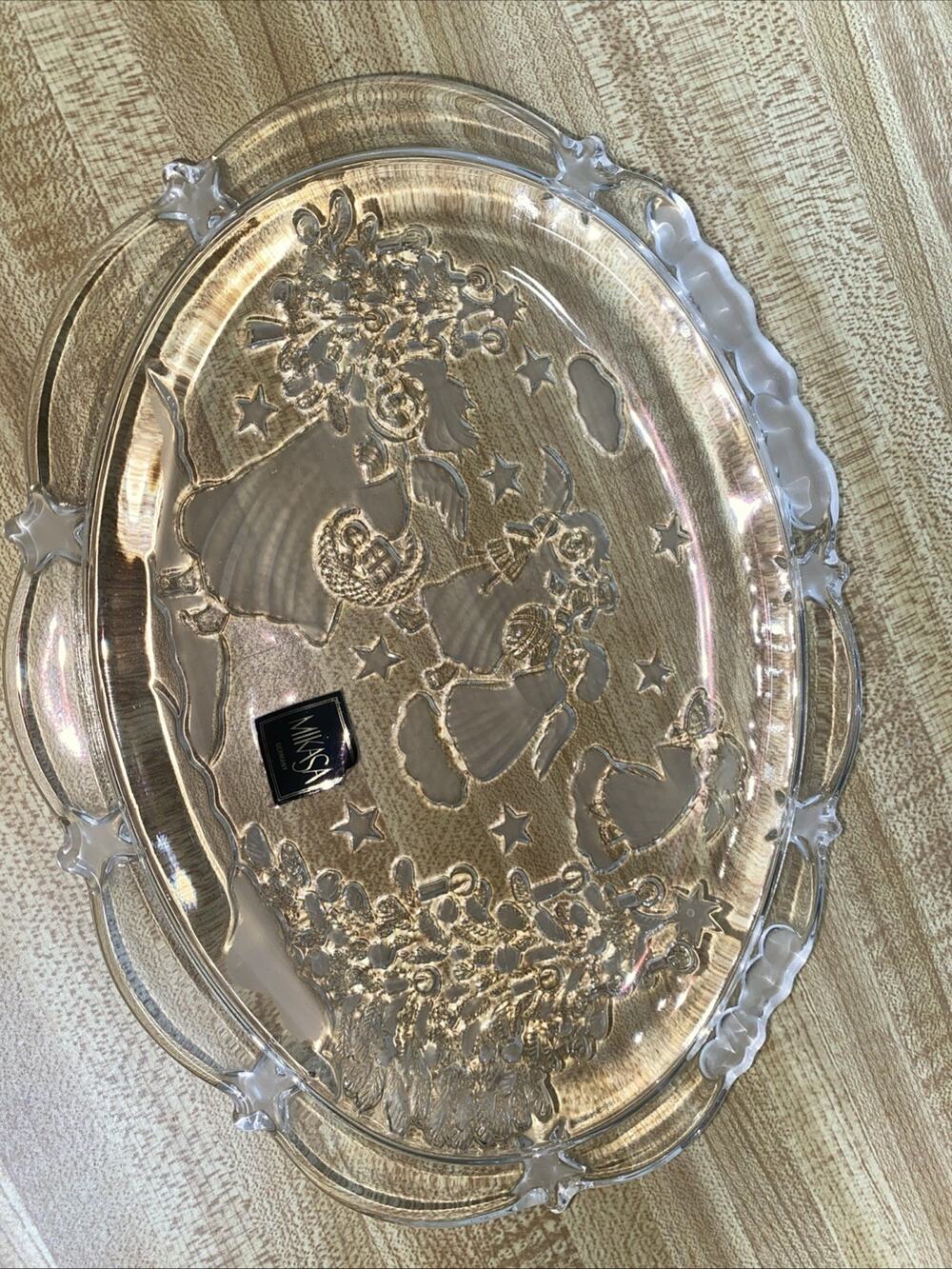 Vintage Mikasa Glass Christmas Angels Oval Platter 9” X 6.75”